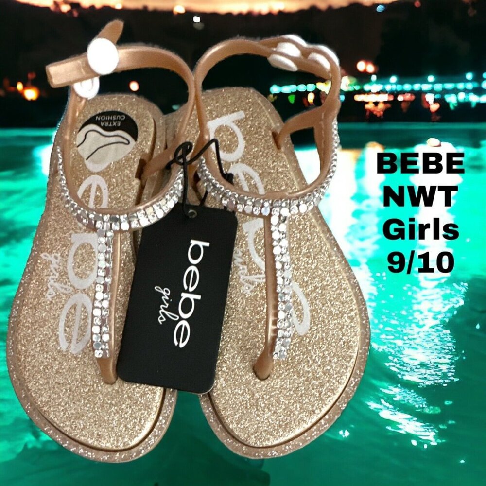 NWT-Bebe 9/10 Toddler Girl Glitter T-Strap Sandals w/ Rhinestone Studded Strap